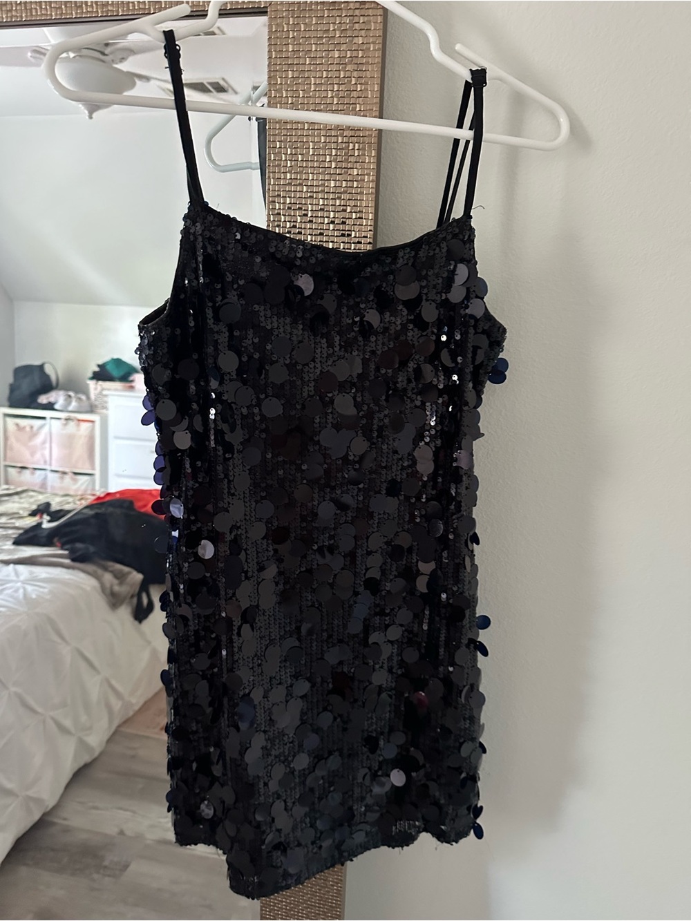Black Sequin Mini Slip Dress with Thin Straps